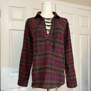 American Eagle Outfitters Plaid Lace-Up Top - Red and Black